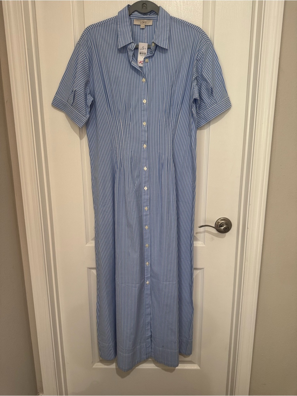 LOFT Blue and White Striped Button-Front Maxi Dress